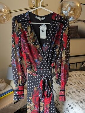 NWT Hope & Ivy The Moni Polkadot Floral Maxi Wrap Dress UK 8